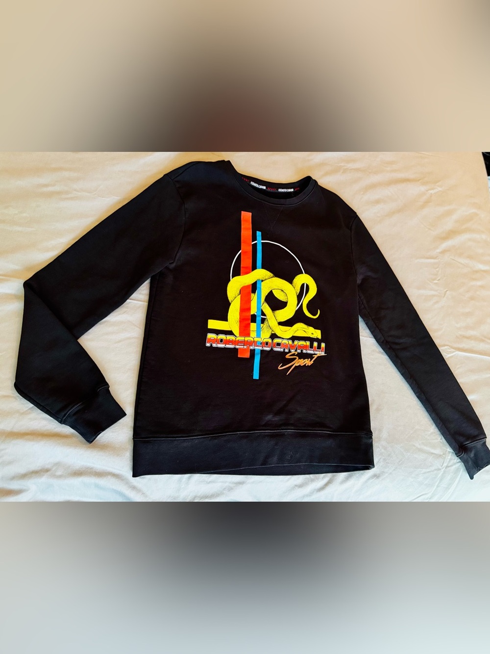 ROBERTO CAVALLI Black Crewneck Sweatshirt w Retro Yellow & Red Snake Graphic - Picture 2 of 12